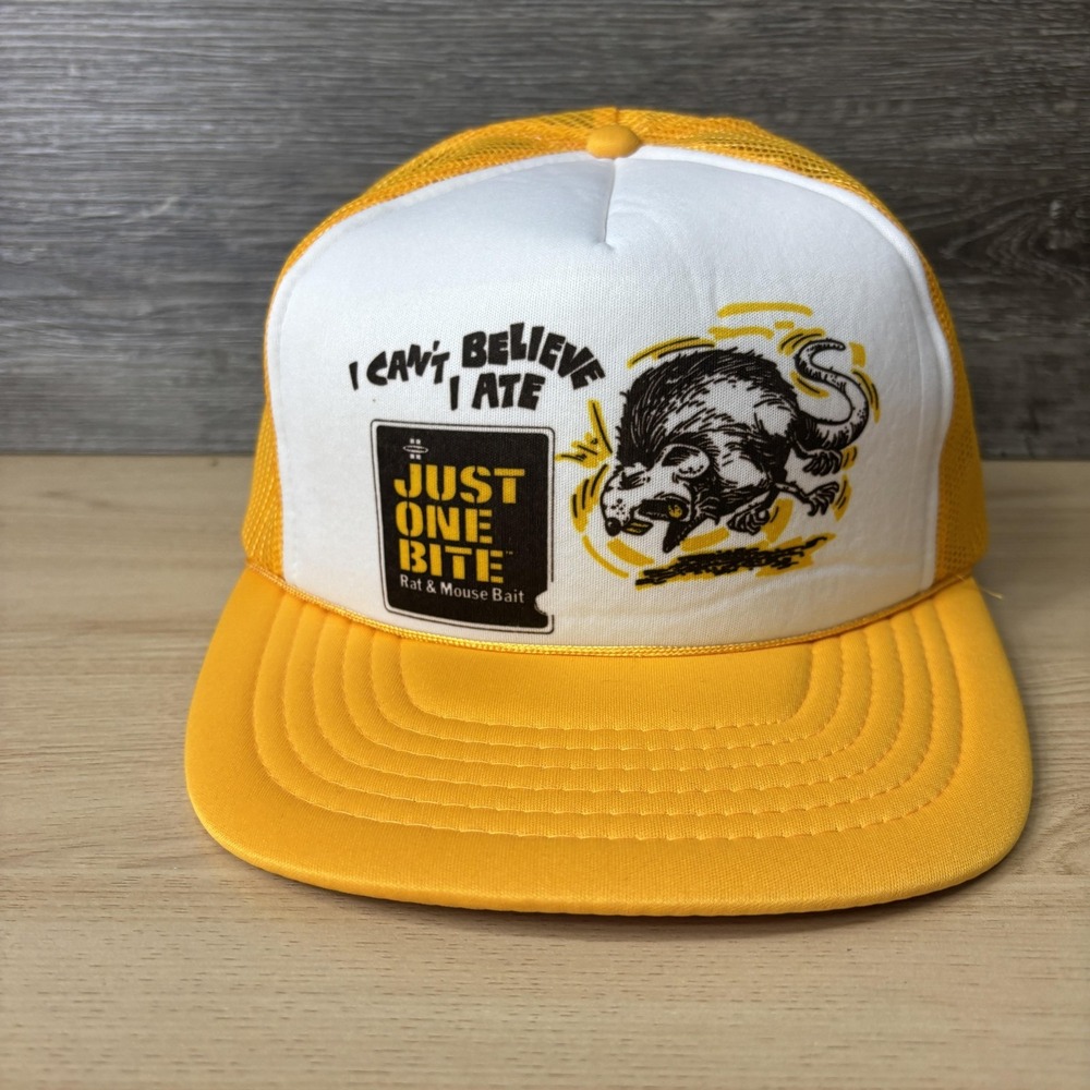 Vintage Just One Bite Hat Cap Snap Back Yellow White Trucker Mesh Pest Control